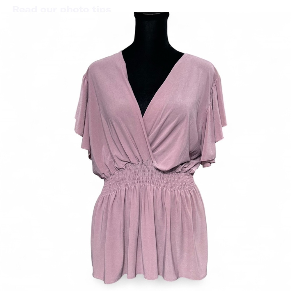 JON & ANNA Mauve V-Neck Blouse With Elastic Waistband And Ruffle Sleeves XL NWT